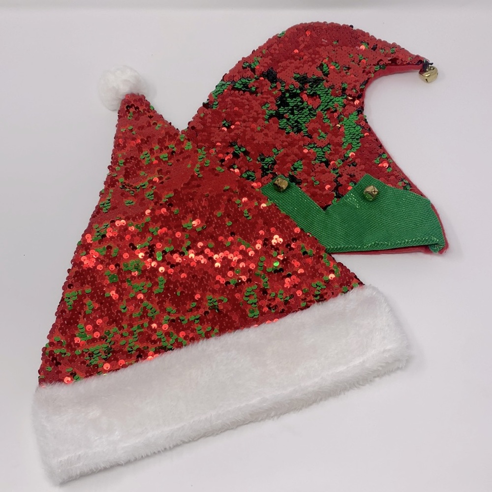 Santa Claus & Elf Sequined Christmas Hat Set Excellent Used Condition